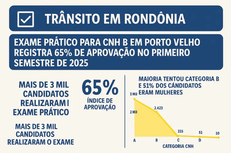  Exame prático para CNH B em Porto Velho registra 65% de aprovação no primeiro semestre de 2025